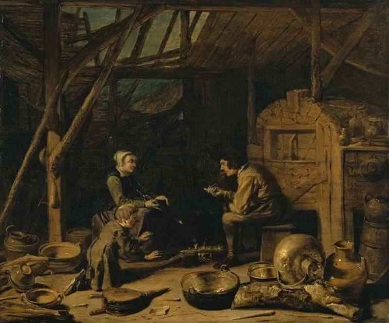 François Ryckhals - Interno di una fattoria con una famiglia al forno